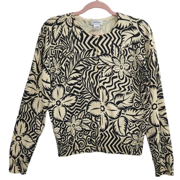 Oliver Perry Women's L Cardigan Silk Blend Black Cream Tropical Print Button Up - Picture 1 of 10